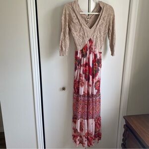 Free People Ethnic Rose Floral Maxi Sweater Dress XS Boho